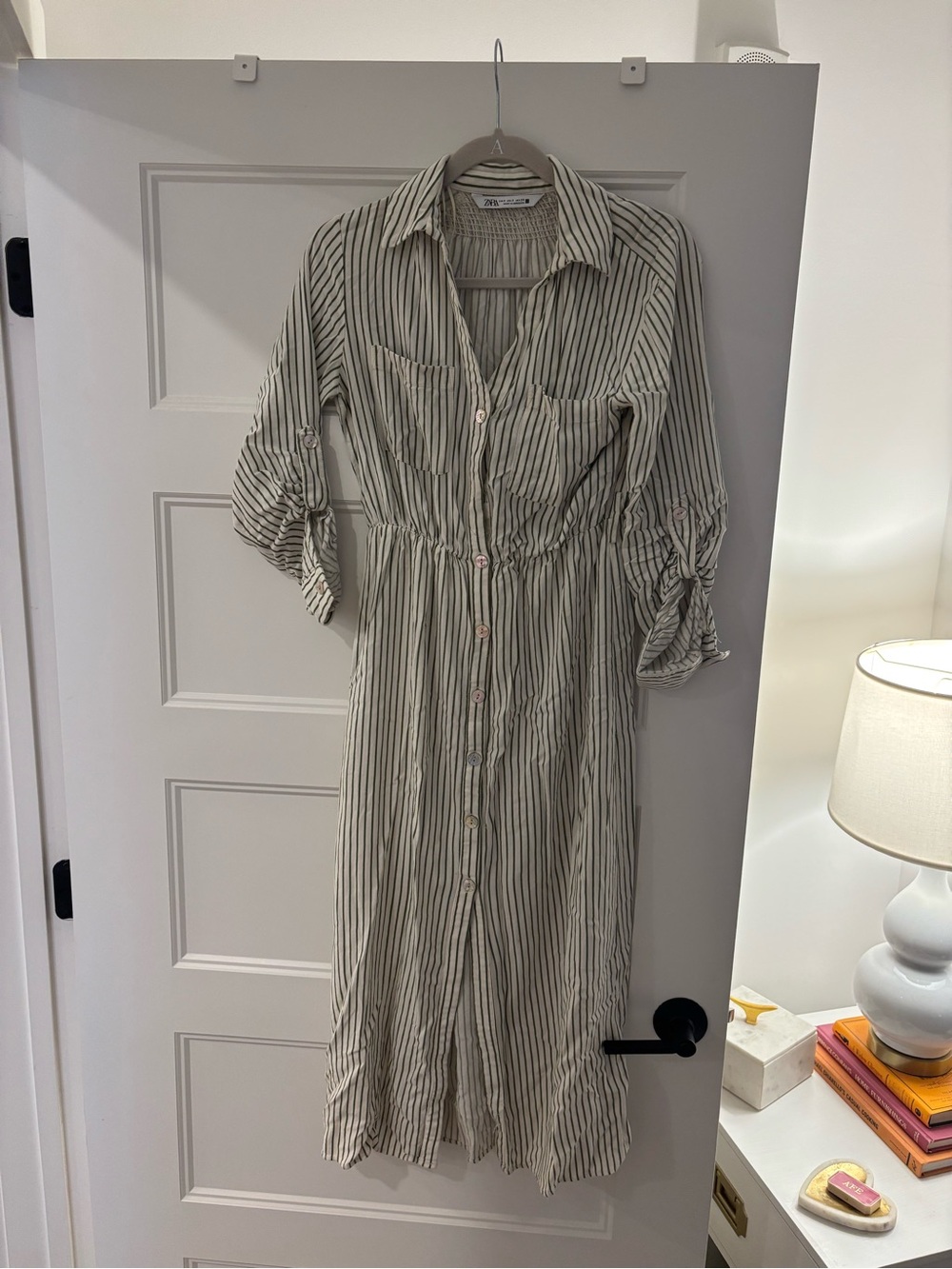 Striped Button-Front Shirt Dress in white and green